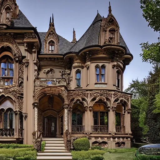 Image similar to ornate mansion with a blend between modern architecture and ancient gothic style