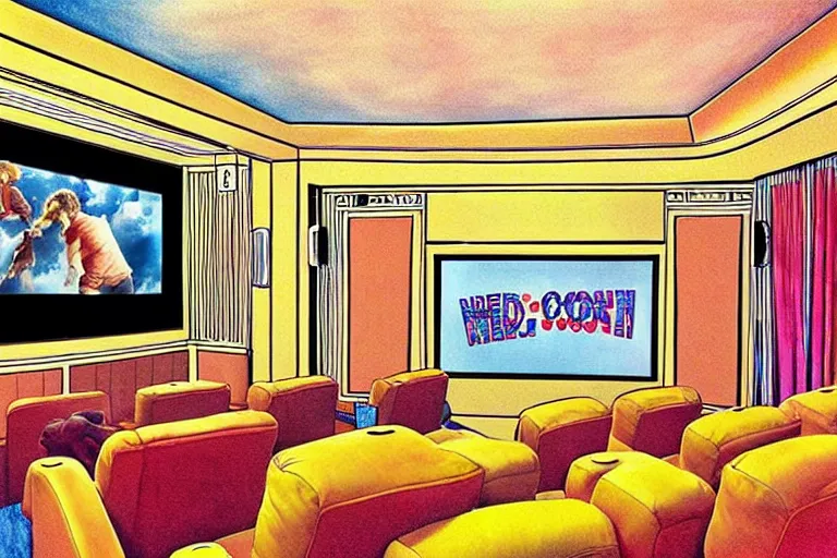 Image similar to wide view, a modern home movie theater with big screen, comfortable, stylish decor, popcorn machine!, movie posters!, very happy, interior designed by kelly wearstler, rough color pencil illustration