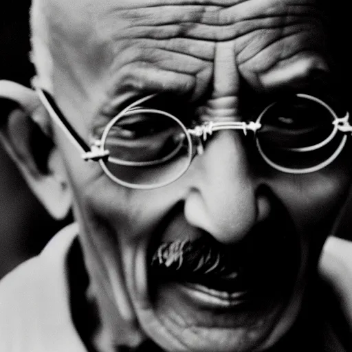 Image similar to Photo of Mahatma Ghandi, close-up, high detail, studio, ominous background, smoke, 85mm Sigma Art Lens