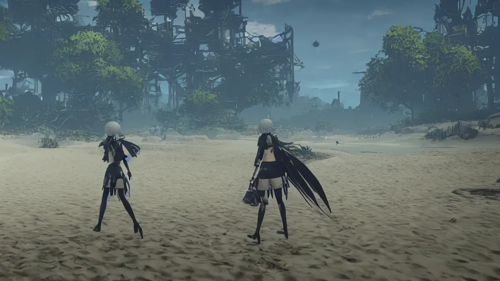 Image similar to Screenshot from Nier Automata, beautiful landscape at a beach