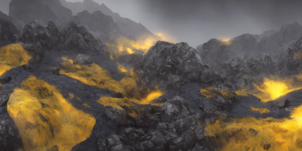 Image similar to a mountainous landscape full of active vulcanoes and a yellow fog and with a yellow cloudy sky, hyperrealistic, concept art, octane render, unreal engine 5, trending on deviantart, venus surface, path traced, no life, dramatic lighting, low contrast, trending on artstation, high quality, highly detailed, 8 k, cinematic, high coherence