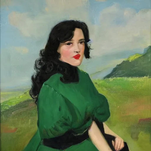 Prompt: a portrait of a young woman from the fifties, seated in front of a landscape background, her black hair is a long curly, she wears a dark green dress, pleated in the front with yellow sleeves, puts her right hand on her left hand, oil painting