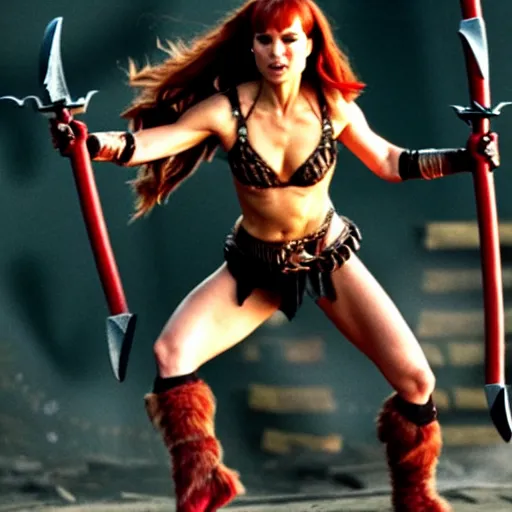 Image similar to natalie portman as red sonja, action scene