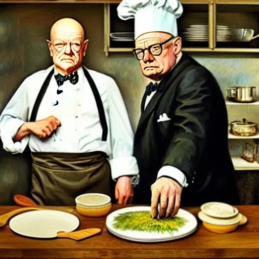 Image similar to Winston Churchill and Walter White cooking in a kitchen, realism, super details, ominous background, high detail, in the style of Martin Schoeller