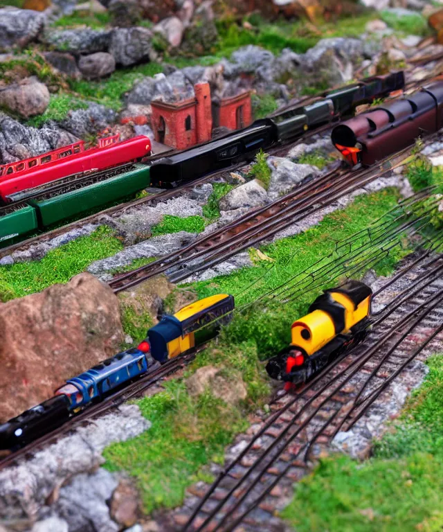 Image similar to high quality presentation photo of a model railway with model steam trains, photography 4k f1.8 anamorphic bokeh 4k Canon Nikon