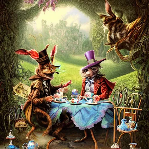 Prompt: alice in wonderland tea party with the mad hatter, march hare, alice, door mouse, lowbrow, matte painting, 3 - d highly detailed, style of greg simkins