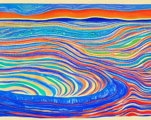 Image similar to Ocean waves in a psychedelic dream world. DMT. Curving rivers. Landscape painting by Edvard Munch. David Hockney. Takashi Murakami.