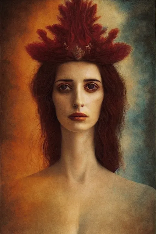 Prompt: portrait of a combination of Eva Green and Emma Roberts as the phoenix queen by agostino arrivabene and denis forkas