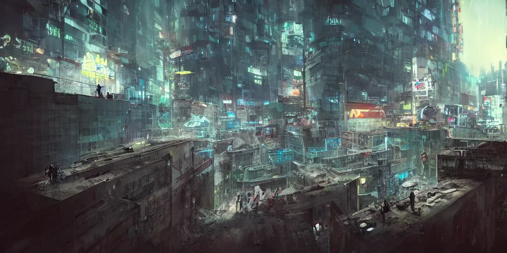 Image similar to cinematic shots of teenagers with tech clothing and hoods and tactical masks doing risky parkour on the rooftops of a dystopian city, neon lights, sci - fi, night lights, rain and haze, concept art, intricate, in the style of katsuhiro otomo, akira, unreal engine