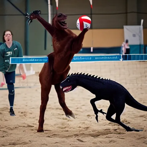 Prompt: a horse and a velociraptor playing volleyball