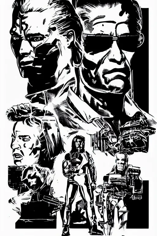 Image similar to arnold schwarzenegger as the terminator, a page from cyberpunk 2 0 2 0, style of paolo parente, style of mike jackson, adam smasher, johnny silverhand, 1 9 9 0 s comic book style, white background, ink drawing, black and white, colouring pages