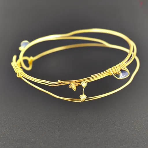 Image similar to arcaic Primitive Gold Bangle, 14K Gold Wire, Single Center sinister diamond saphire, Shungite Bangle, Mineral and Gold Jewelry, Product Photography