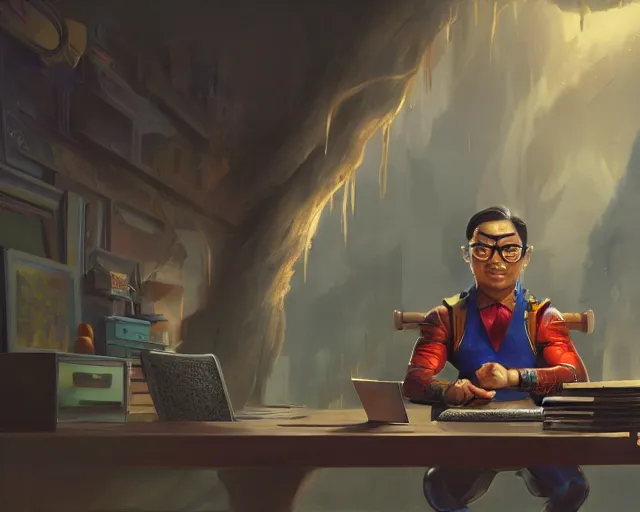 Image similar to an insanely detailed painting of a nerdy asian man wearing a superhero costume, sitting at a desk, staring at the nervously at the computer and typing, in the style of peter mohrbacher, dramatic lighting and composition, octane render, pixar, trending on artstation, concept art, comic book, view from behind