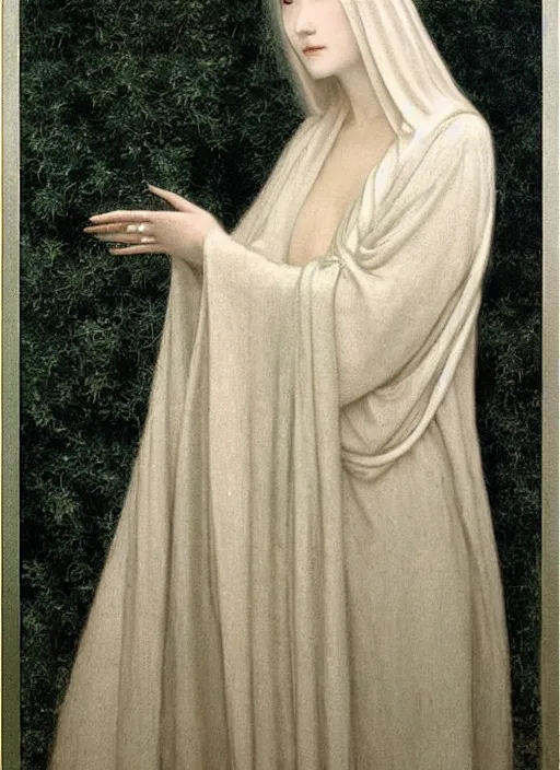 Image similar to thin young beautiful girl with silver hair, pale!, wearing robes, wearing hair, female goddess, pale smooth, young cute wan asian face, silver robes!!, oil on canvas by jean delville, 4 k resolution, aesthetic!,