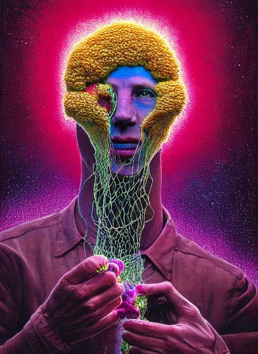 Image similar to hyper detailed 3d render like a Oil painting - serious portrait of Hank Green in Aurora (Singer) seen Eating of the Strangling network of yellowcake aerochrome and milky Fruit and Her delicate Hands hold of gossamer polyp blossoms bring iridescent fungal flowers whose spores black the foolish stars by Jacek Yerka, Mariusz Lewandowski, Houdini algorithmic generative render, Abstract brush strokes, Masterpiece, Edward Hopper and James Gilleard, Zdzislaw Beksinski, Wolfgang Lettl, hints of Yayoi Kasuma, octane render, 8k