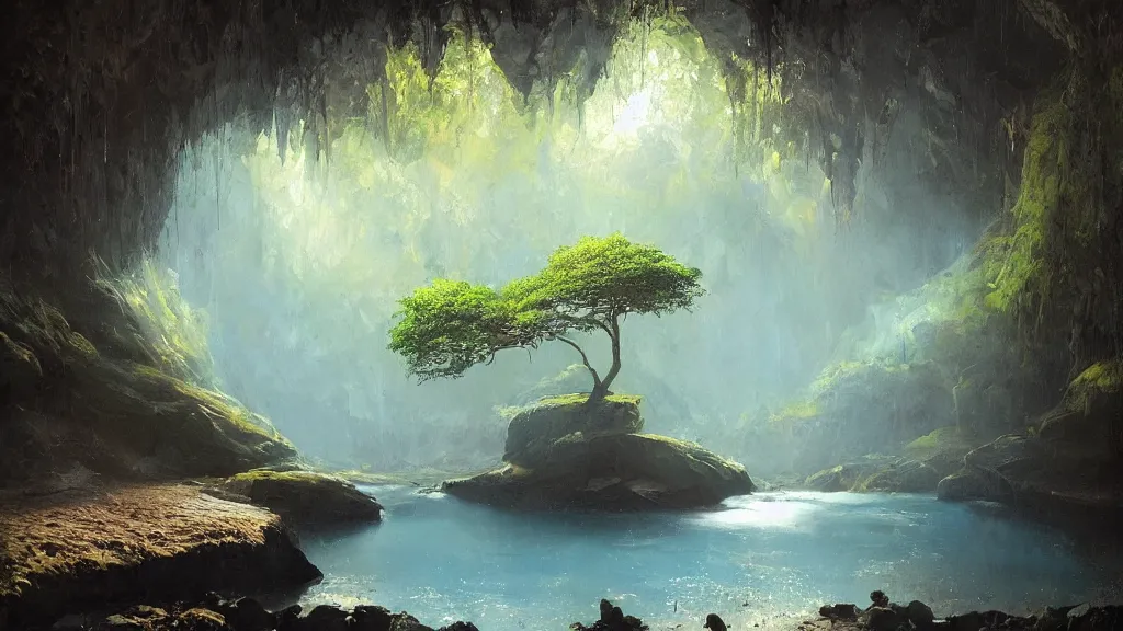 Image similar to A beautiful, highly detailed, very realistic oil painting of a single tree with rainbow leaves, next to a small river, glowing bright blue in the middle of a huge, very dark cave, with lots of dark grey rocks, oil painting by Greg Rutkowski.