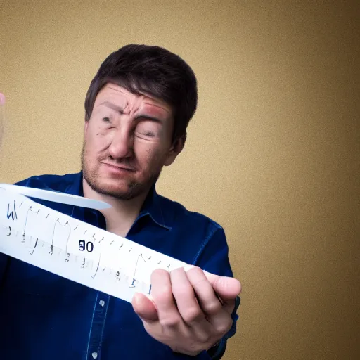 Image similar to crying man pointing at a ruler, high resolution photo