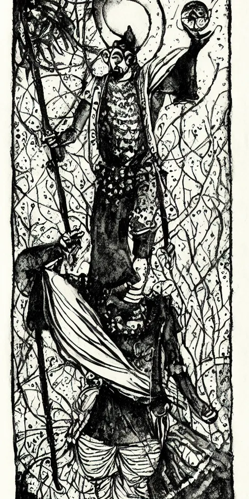 Image similar to the fool tarot, black and white watercolor painting