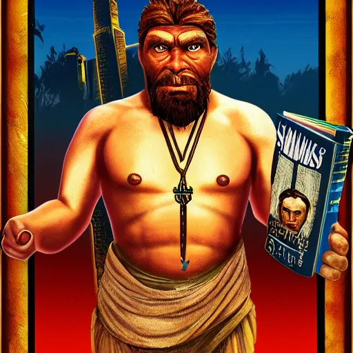 Prompt: saint homo neanderthalis portrait poster with book of science on his right hand, gta chinatown wars art style, bioshock infinite art style, hyperrealistic, rgba colors, remove duplicate content, justify contents center.