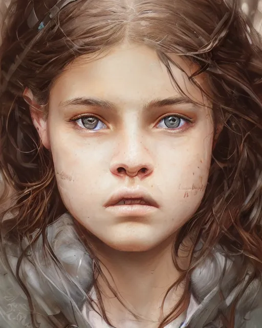 Image similar to portrait of 1 5 - year - old girl with thick brown hair, large front teeth, and bright piercing brown eyes, hyper realistic face, beautiful eyes, fantasy art, in the style of greg rutkowski, intricate, hyper detailed, smooth