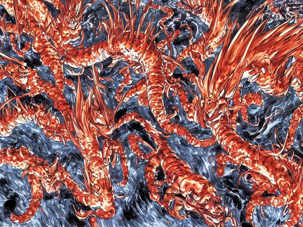 Prompt: manga double spread illustration of a flaming centipede by yusuke murata