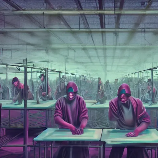 Image similar to evil souls being produced in surreal sweatshop odyssey under fluorescent light hell, advanced, photorealistic, realistic, dramatic lighting, fantastic reality, by stefan bakałowicz, 8 k resolution