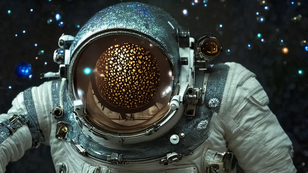 Image similar to a astronaut eva suit covered in diamond 3d fractal lace iridescent bubble 3d skin and covered with insectoid compound eye camera lenses floats through the living room, film still from the movie directed by Denis Villeneuve with art direction by Salvador Dalí, wide lens,