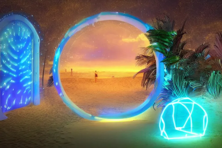 Image similar to a magical glowing portal in the middle of a city that leads to a beach, through the portal you can see a beach, realistic