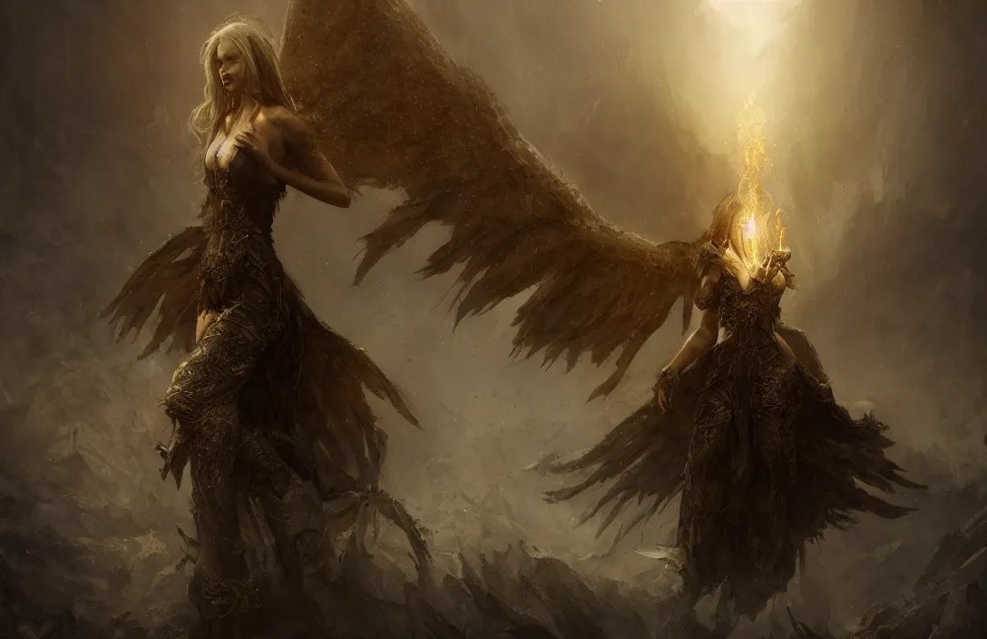 Image similar to dark angel in the style of bastien lecouffe deharme in phantastic landscape, hyperreal phantastic, intricate details in environment, meeting point, luminance, golden ratio, high aestehtic, cinematic light, dramatic light, godrays, distance, clear atmosphere, photobash, wideangle, bierstadt, hyperreal 4 k