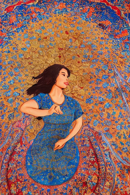 Prompt: gorgeous iranian girl waer detailed golden blue dress lay down on a detailed persian carpet a big tree palm persian pot, oil painting