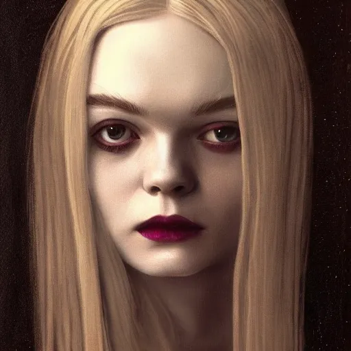 Image similar to a striking esoteric painting of Elle Fanning, dark, metal, black background, occult, by John Waterhouse