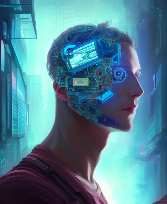 Image similar to a whirlwind inside the metaverse, guy, male, man, hologram, half body, neurochip, android, cyborg, cyberpunk face, by loish, d & d, fantasy, intricate, elegant, highly detailed, colorful, digital painting, artstation, concept art, art by artgerm and greg rutkowski and alphonse mucha