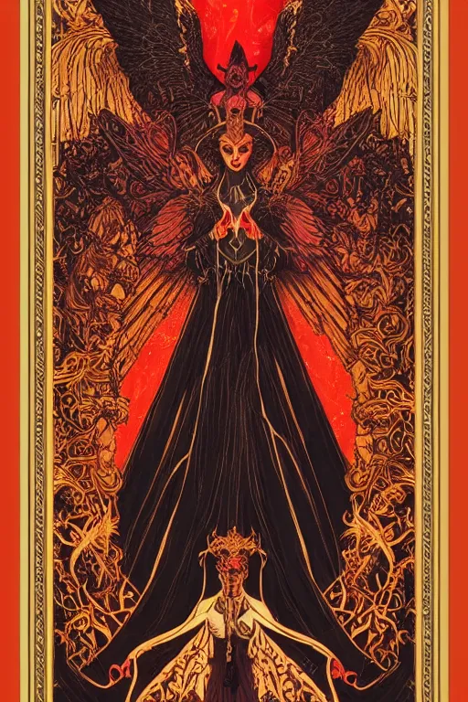 Prompt: Angel in the Light + black paper + elements + red + gold + neon + baroque + rococo + white + orange+ ink + tarot card with ornate border frame + marc Simonetti, paul pope, peter mohrbacher, detailed, intricate ink illustration