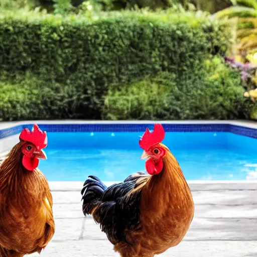 Prompt: chickens are sitting by the pool, photograph