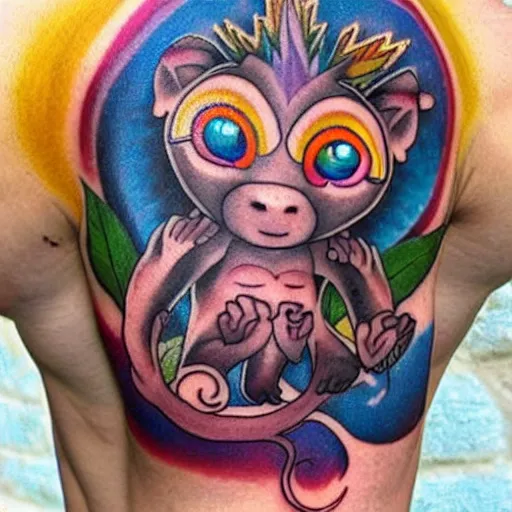 Image similar to shoulder tattoo of a multicolored hallucinating meditating cute bush baby, eyes are rainbow spirals, furry, happy mood, surrounded with colorful magic mushrooms and rainbow marihuana leaves, insanely integrate