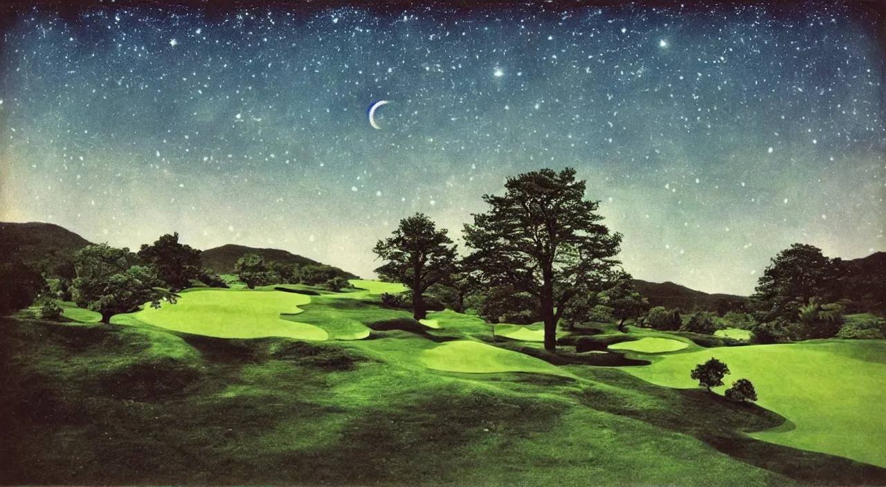 Image similar to cosmic moonlight, stone walls, high birds eye view of a perfect infinite elysian dreamlike green hilly pastoral astral psychedelic golf course stone wall landscape with cherished trees, stone walls under cosmic stars, cherished trees, memory trapped in eternal time, golden hour, dark sky, evening starlight, peaceful haunted vintage psychedelic painted polaroid by hiroshi yoshida