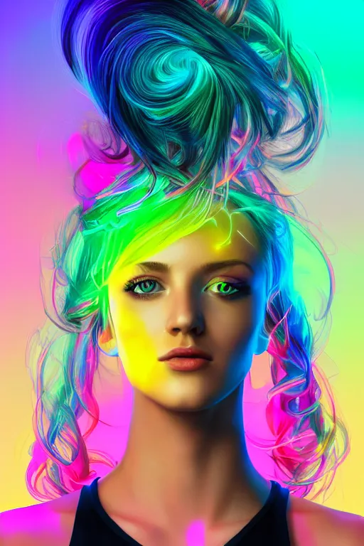 Image similar to a award winning half body portrait of a beautiful woman with stunning eyes in a croptop and cargo pants with rainbow colored ombre hairstyle head in motion and hair flying by thomas danthony, outlined by whirling illuminated neon lines, outrun, vaporware, shaded flat illustration, digital art, trending on artstation, highly detailed, fine detail, intricate