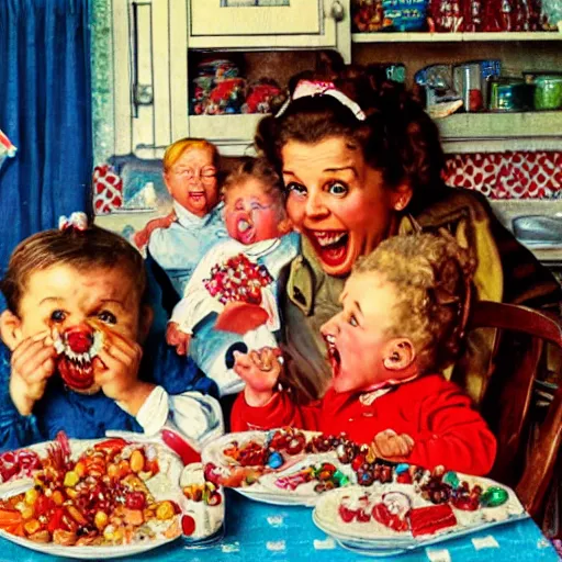 Image similar to hyper realistic hight detailed grandmother with a big mouth eating babies and gummi bears on the table in the russian kitchen, by norman rockwell, bright colors, 4 k, 1 6 k, 3 2 k, photorealistic, cartoon style