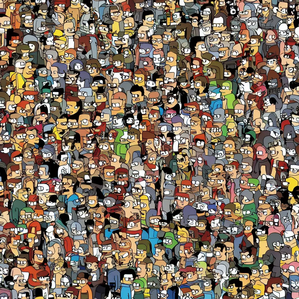 Image similar to where's waldo in the futurama, bender.