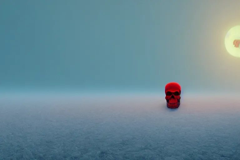 Image similar to a hd render of a floating red skull, surreal frozen landscape, cinematic lighting, by beeple and zdzisław beksinski