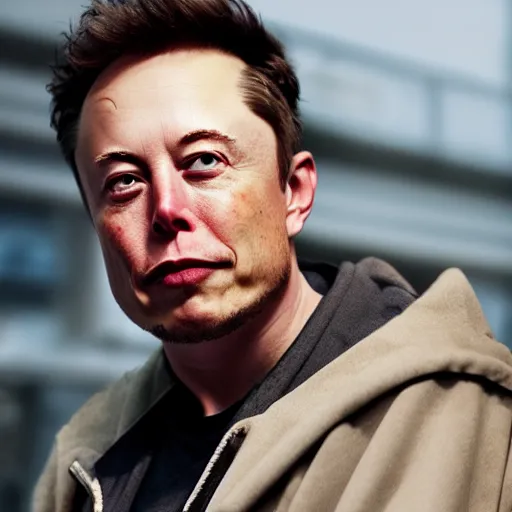 Image similar to portrait of elon musk as a homeless person, ultra realistic photography, highly detailed, photorealistic, octane render, 8 k, unreal engine