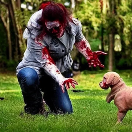 Image similar to a cute friendly zombie playing with a puppy