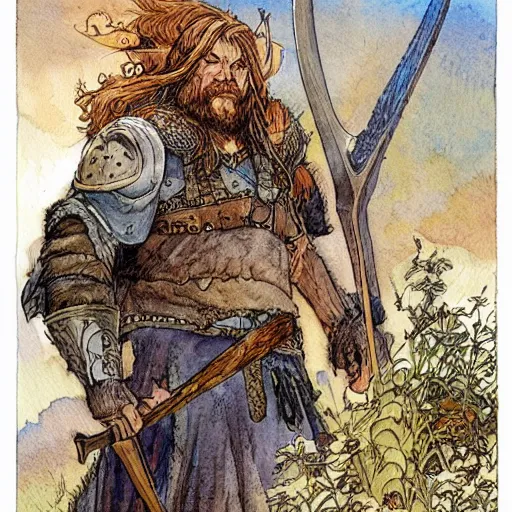 Image similar to a realistic and atmospheric watercolour fantasy concept art of viking with an axe, muted colors. by rebecca guay, michael kaluta, charles vess and jean moebius giraud,