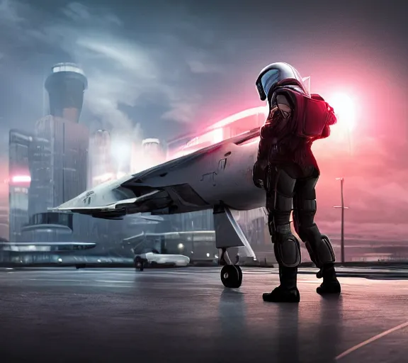 Image similar to fighter pilot stands beside futuristic sci fi fighter jet landed at runway of cyberpunk city ,dark cinematic lighting , digital concept art