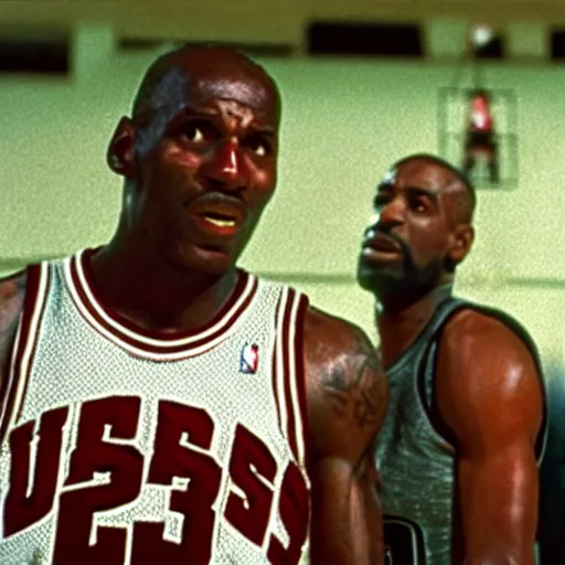 Image similar to film still of Micheal Jordan playing against Lebron James on a basketball court, 8k