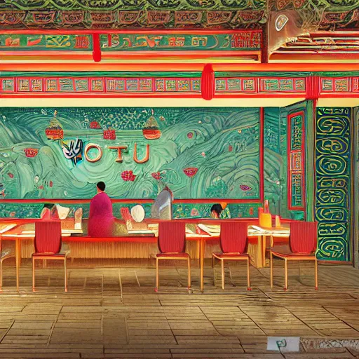 Image similar to a beautiful hyperdetailed 4 k hd wallpaper illustration interior of roasted string hotpot restaurant restaurant yan'an, wall painting, from china, with merchant logo, fine delicate structure, chinese style, victo ngai