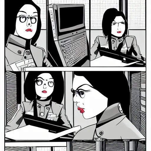 Prompt: twin sister models hacking into the mainframe of the pentagon, in the style of jamie hewlett and riyoko ikeda, black and white, photorealistic, epic, super cool