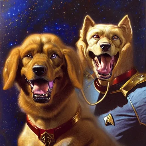 Image similar to a portrait of a manly and muscular and handsome and attractive dogman canine, star trek the next generation. highly detailed painting by gaston bussiere, craig mullins, j. c. leyendecker, furry