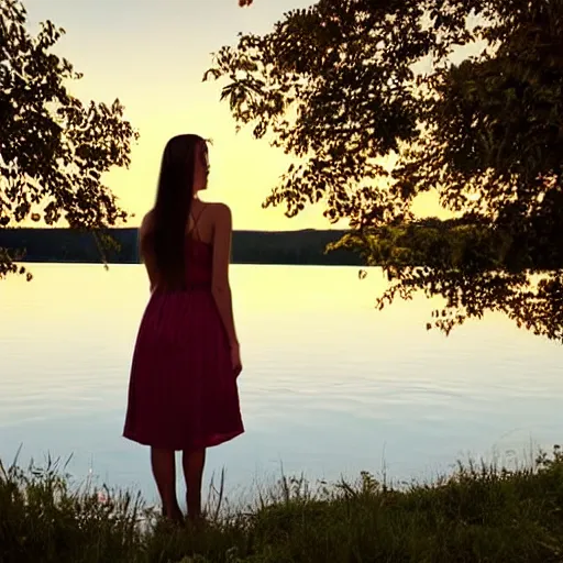 Image similar to a beautiful young woman in a sundress standing by a lake at sunset | soft atmospheric lighting