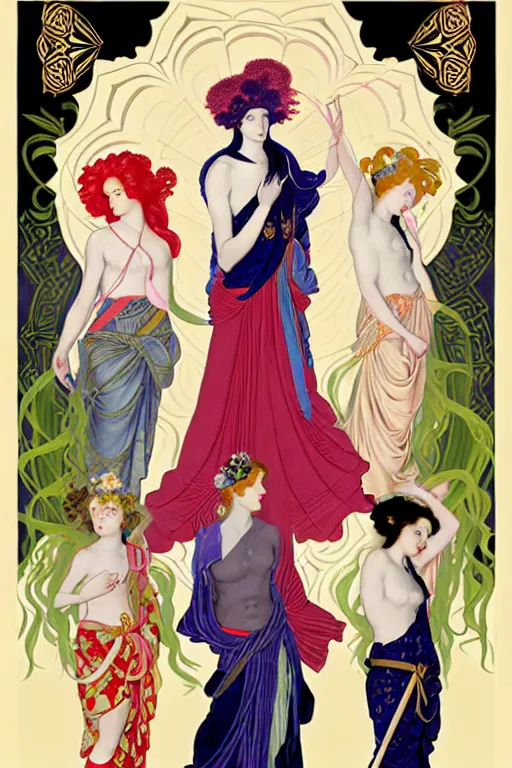 Image similar to 3 Deities symbolically representing March, April, and May, in a style blending Æon Flux, Peter Chung, Shepard Fairey, Botticelli, Ivan Bolivian, and John Singer Sargent, inspired by pre-raphaelite paintings, shoujo manga, and cool Japanese street fashion, dramatically blossoming flora and fauna, petals falling everywhere, pastel vivid triad colors, hyper detailed, super fine inking lines, ethereal and otherworldly, 4K extremely photorealistic, Arnold render